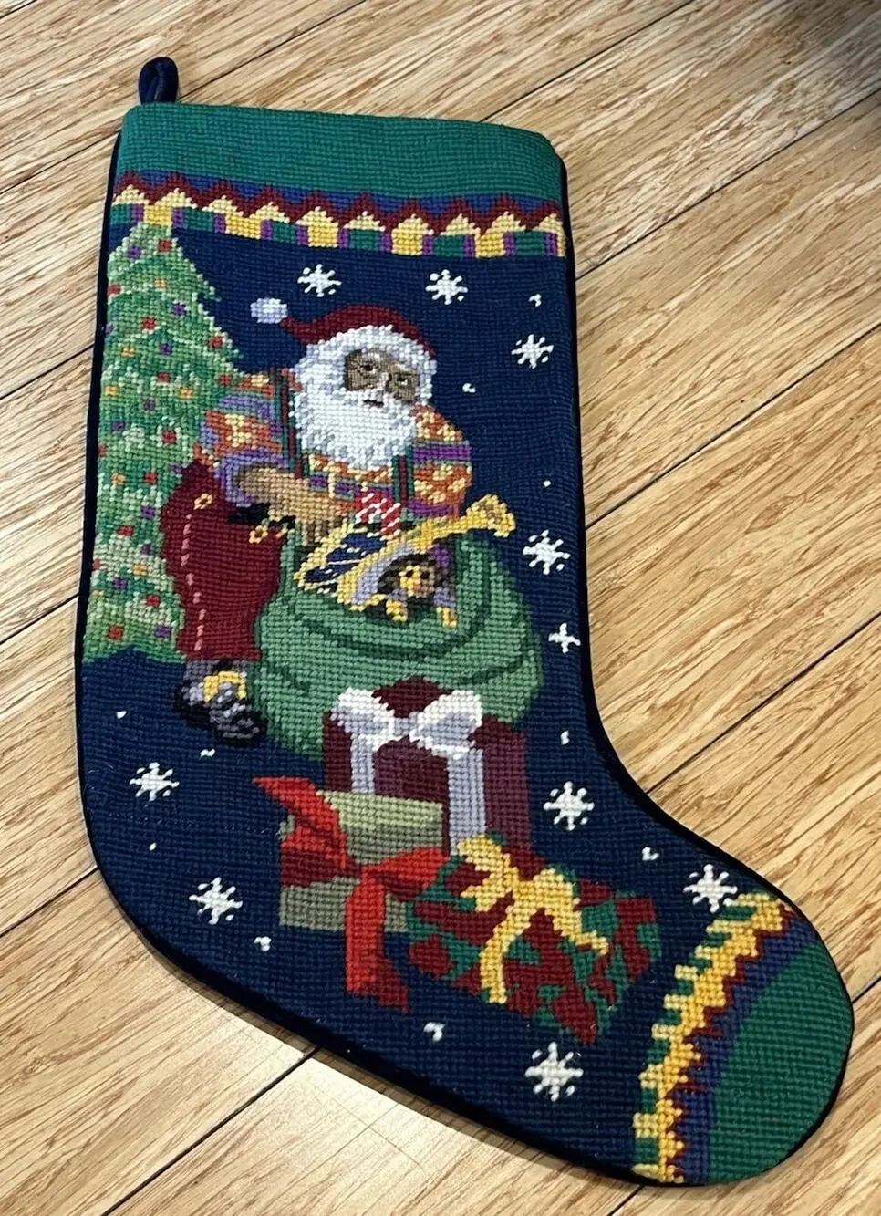 Vintage Needlepoint Stocking Santa w/Sack of Gifts Snowflakes Velvet Back 17.5”